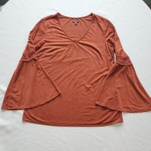Hannah Rich Rust Vegan Suede Long Bell Sleeve Top With Crochet Details Small